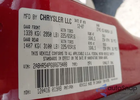 2008 Chrysler Town & Country Touring z USA, uszkodzony, nr VIN 2A8HR54P68R679408